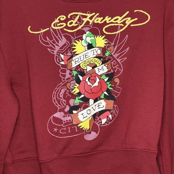 Ed Hardy Sweatshirt Womens Small Red True To My Love Cropped Graphic Pullover - Picture 3 of 8